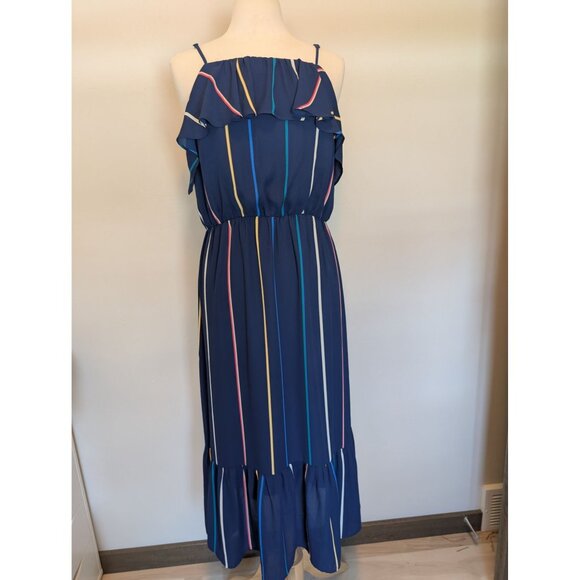 Banana Republic Large Strappy Flounce-Hem Midi Dress rainbow stripe - Picture 1 of 4